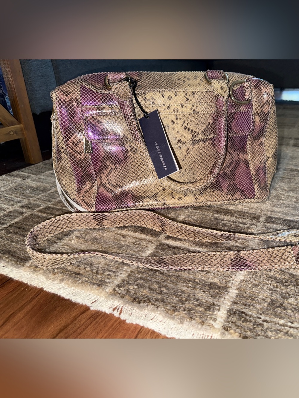 Rebecca Minkoff Taupe and Purple Snake-Print Leather Crossbody Bag